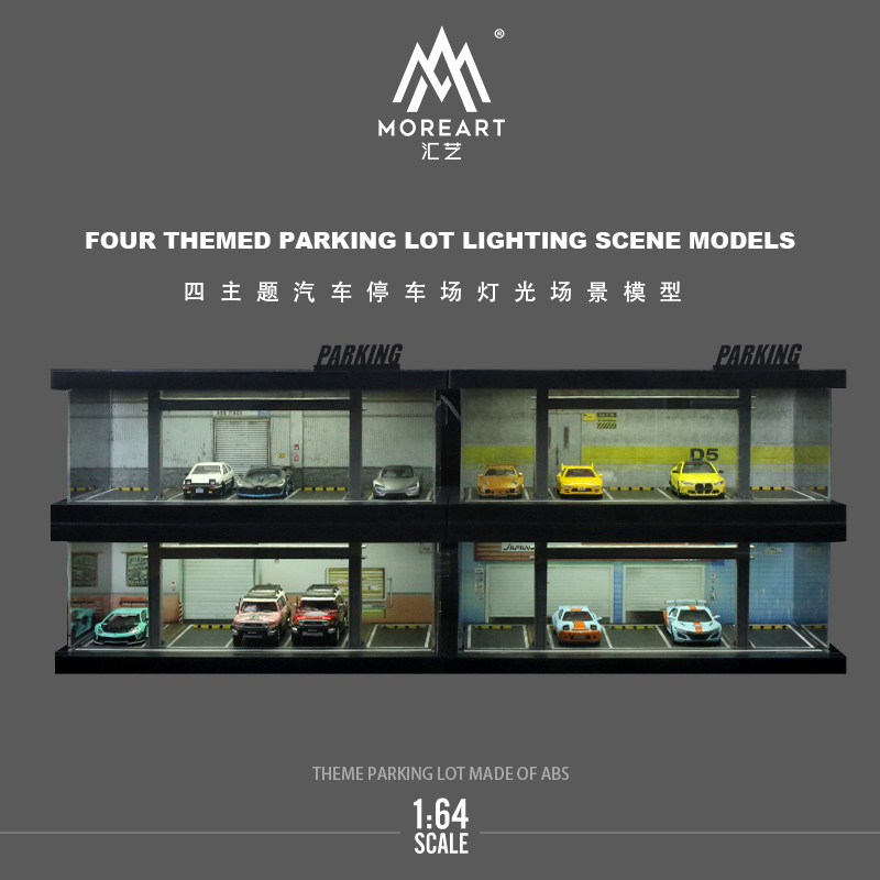 Model Kit Cars - 1:64 Vierthema-auto parkeergarage verlichte modelbouwset garage